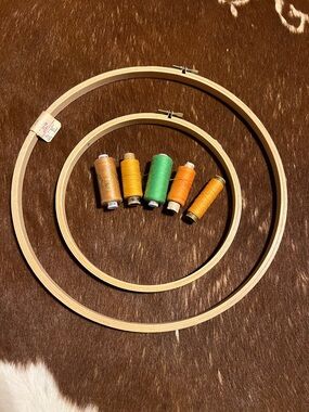 Wooden Embroidery Hoops with Orange & Green Thread Spools